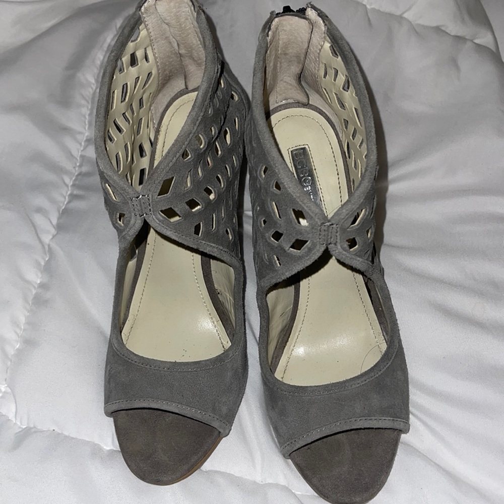 BCBG grey suede heels